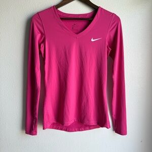 Nike Women's Hot Pink Dri-FIT Long Sleeve V-Neck Top